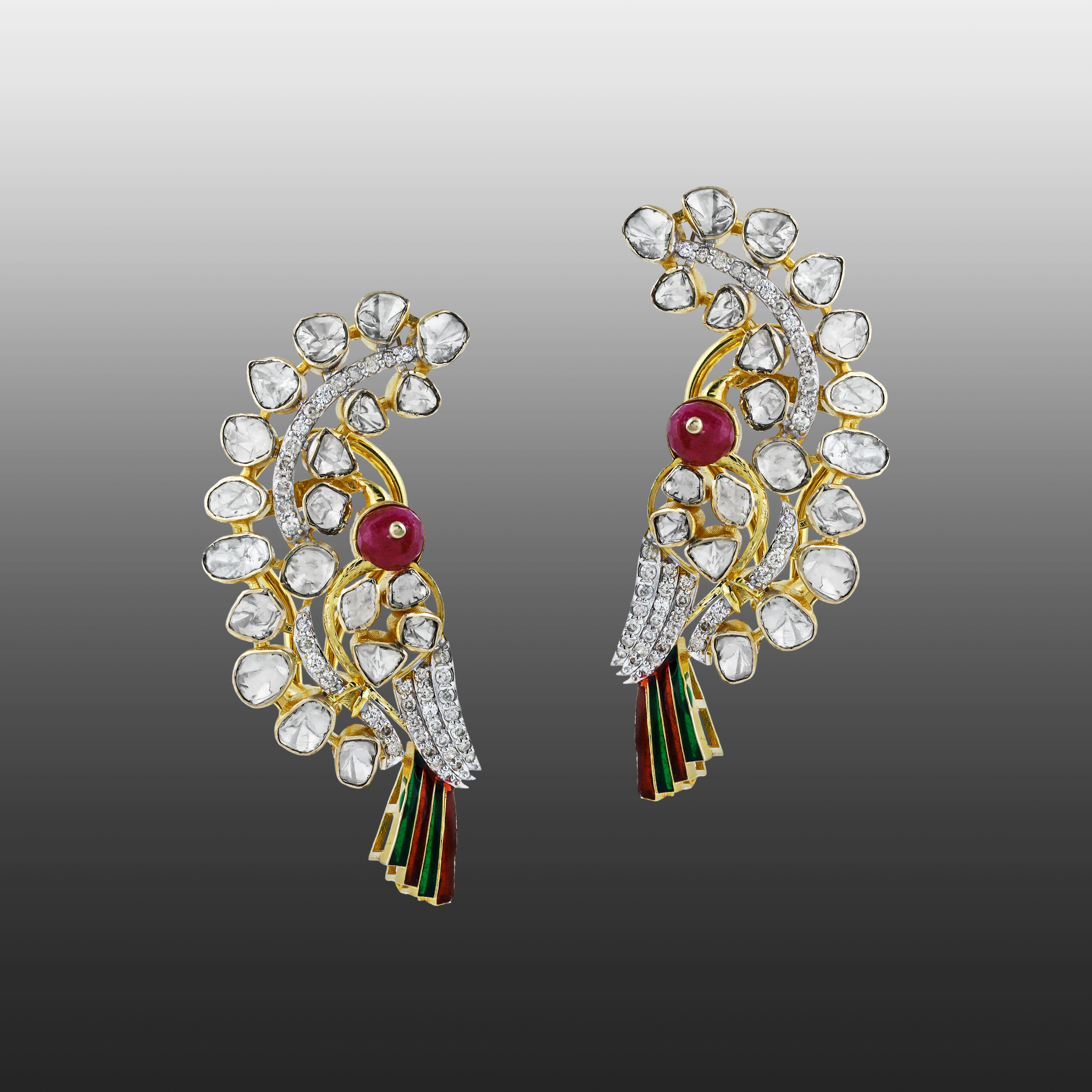 Polki Earrings with Red Colour Bead, Diamonds, and Enamel Wing of a Bird
